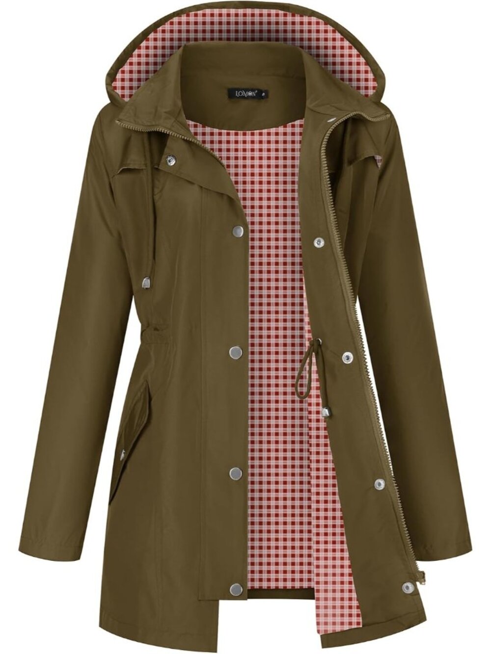 Women's Army Green Hooded Red Plaid Waterproof Hiking Windbreaker Trench Coat